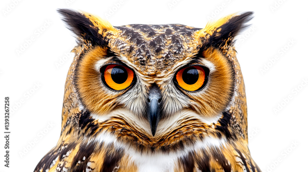 Fototapeta premium Close up detailed owl portrait, bird with intense gaze , cut out transparent