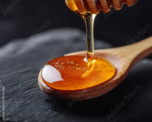 Flowing golden honey being poured onto a wooden spoon