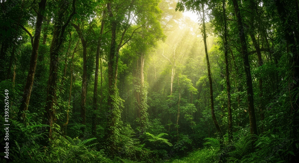 Obraz premium Sunlit Green Jungle Canopy - Lush rainforest, sunlight streams, vibrant green foliage, dense trees, tranquil atmosphere. Symbolizes nature, serenity, growth, mystery, and life