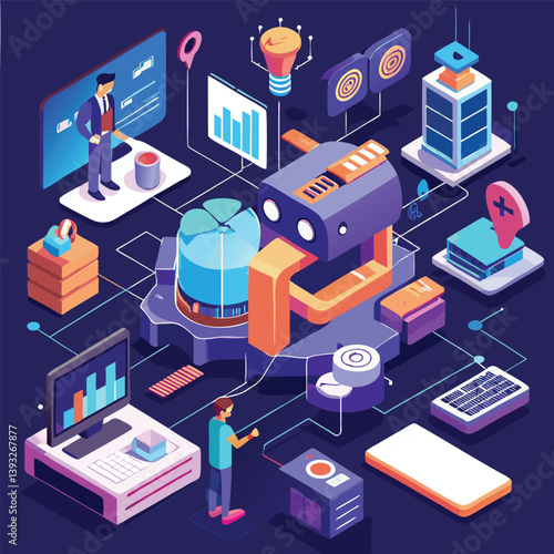 Isometric 3D vector illustration set features social network icons amidst urban city buildings and business architecture