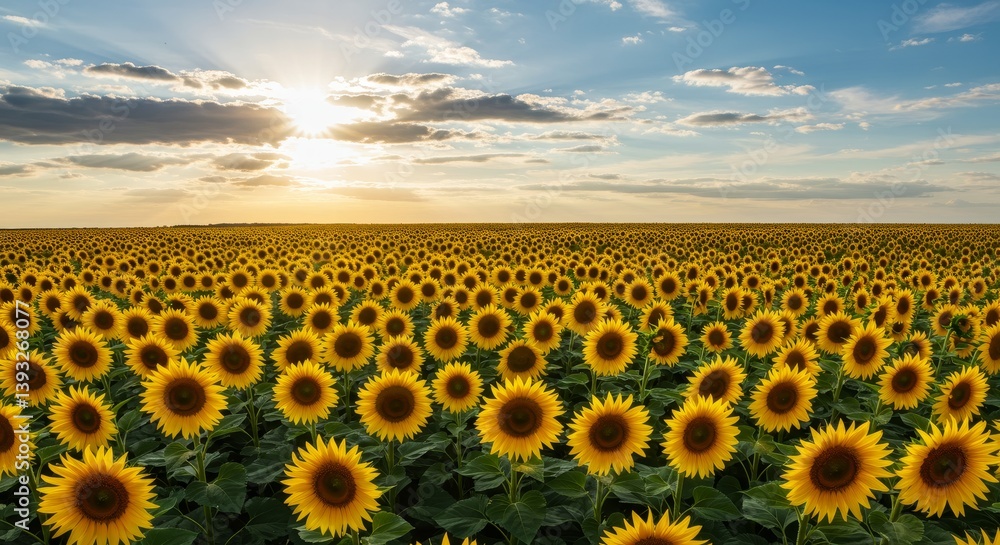 Fototapeta premium Sunlit Sunflower Field at Sunset - Expansive field of sunflowers basking in the golden light of a setting sun, creating a breathtaking natural landscape