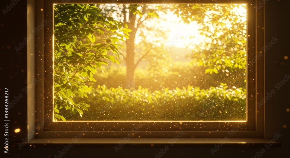 Naklejka premium Sunlit Window View - Golden sunlight streams through a window, illuminating lush green foliage and a tranquil garden scene. Dust motes dance in the sunbeams
