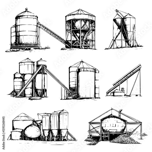 Collection of Grain elevators line vector designs, Grain elevators vector images
