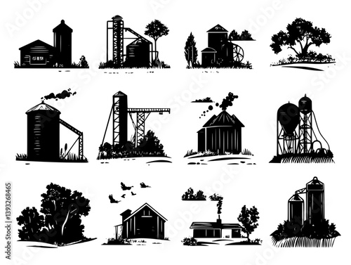 Collection of Grain elevators vector icons, Grain elevators vector graphics