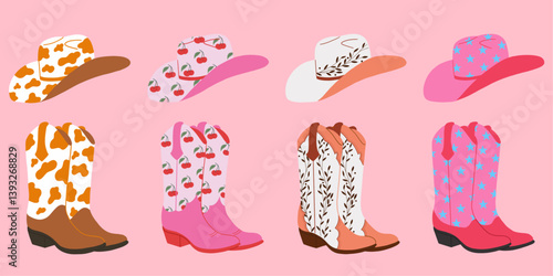 Collection cowboy boots and hats. Animal print. Cherry print. Cowboy western and wild west theme. Hand drawn vector illustration. Pink background