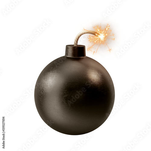 Fotografía Illustration of a classic round bomb with lit wick isolated on transparent backg