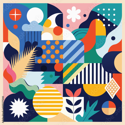 Colorful vector seamless pattern design with birds, fishes, and floral elements