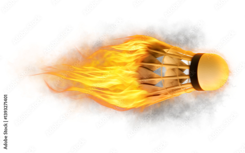 Fototapeta premium Flying badminton shuttlecock in flames with motion blur effect isolated on transparent background