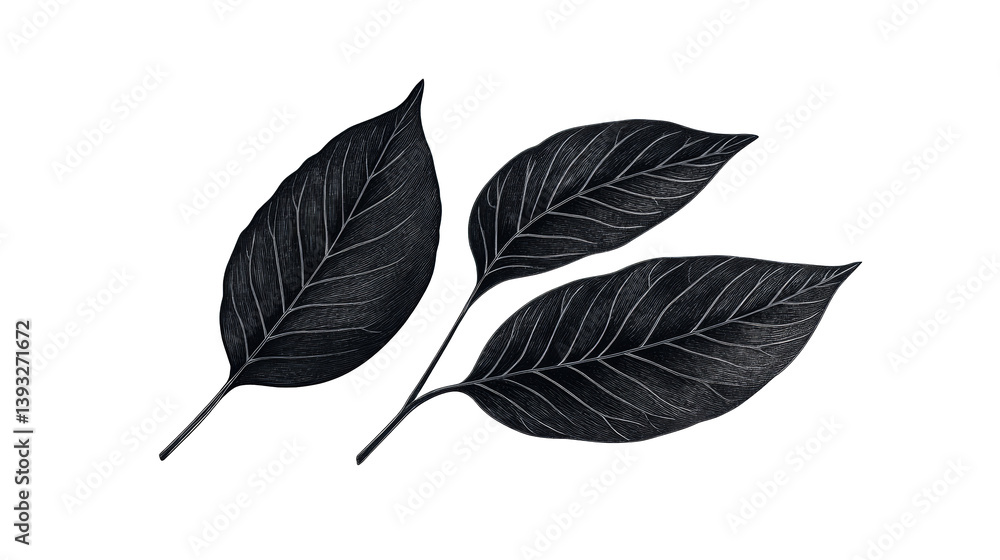 Three sketched leaves in dark tones, cut out transparent Three sketched leaves in dark tones, cut out transparent