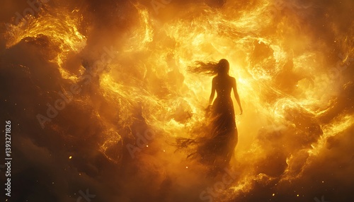 Wallpaper Mural A silhouetted woman appears in vibrant glowing golden celestial clouds Torontodigital.ca