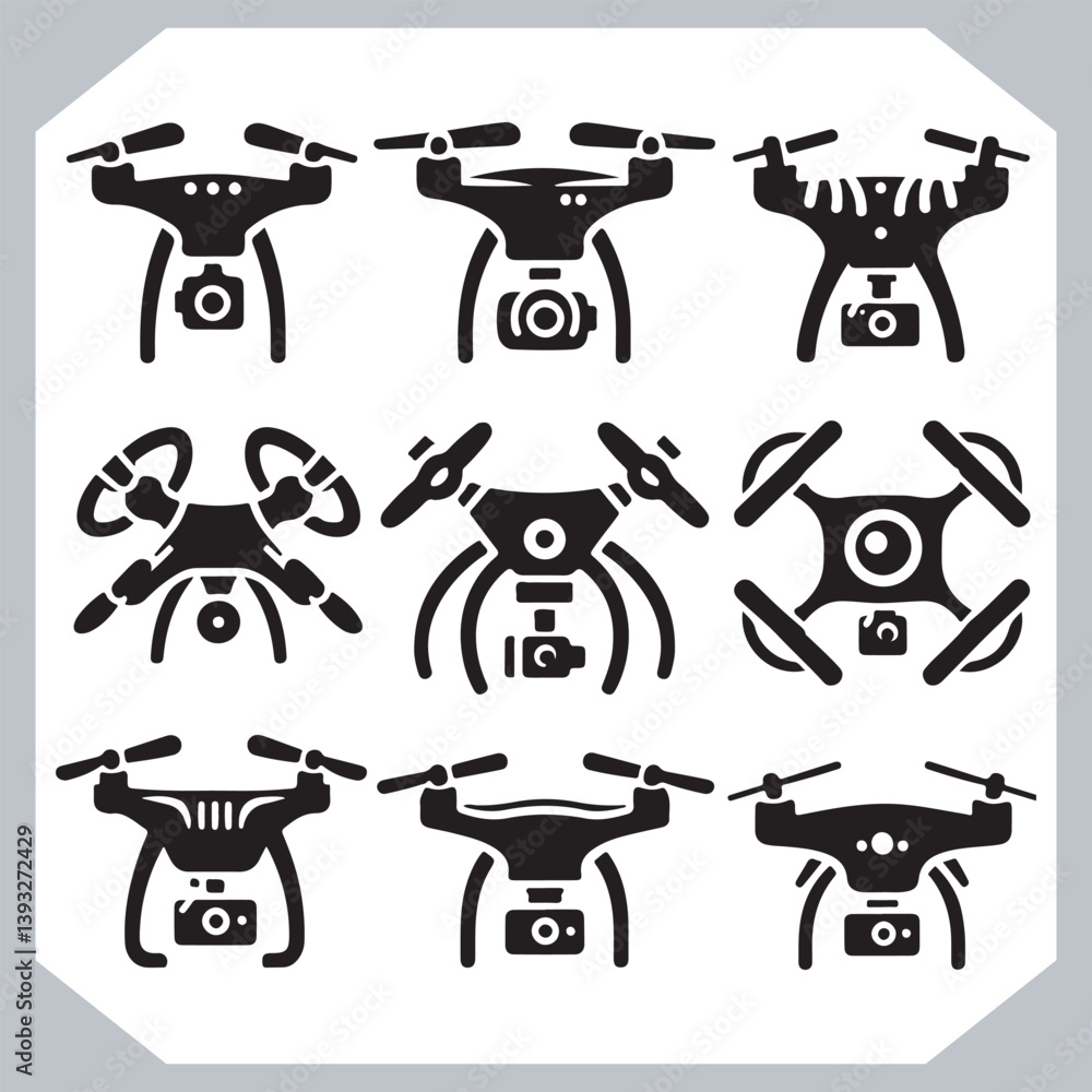Elegant Drone Icon Set Featuring Outline Line Art in Multiple Designs