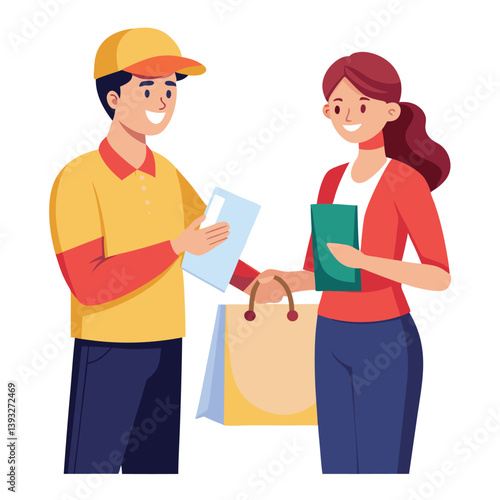 Business people shaking hands illustration depicts a vector couple in a smiling office