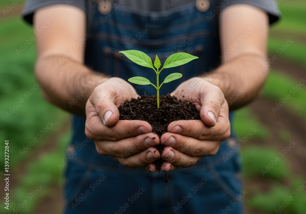 A farmer's hands gently holding a young seedling, symbolizing new life and growth. A farmer's hands gently holding a young seedling, symbolizing new life and growth.