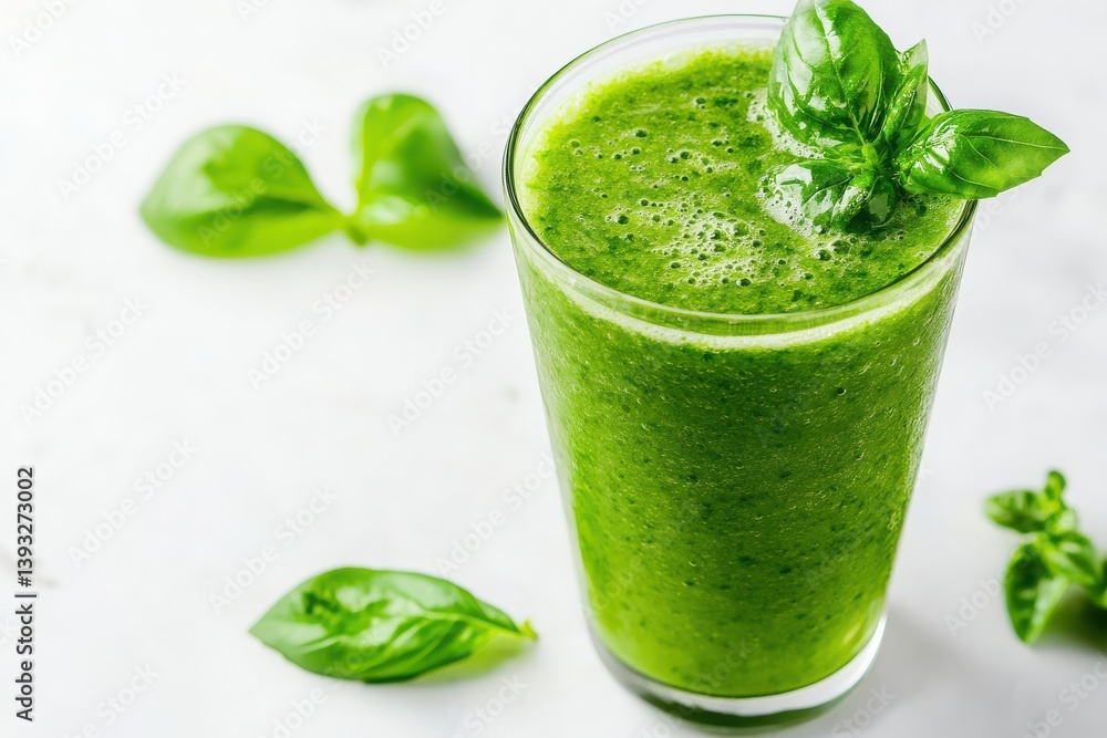 Close view of a green smoothie with basil garnish on white surface Close view of a green smoothie with basil garnish on white surface
