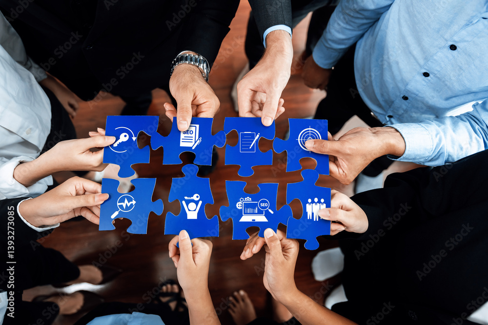 A diverse business team coming together, each person holding a puzzle piece, symbolizing collaboration, strategy, and problem-solving in a corporate setting. Amity