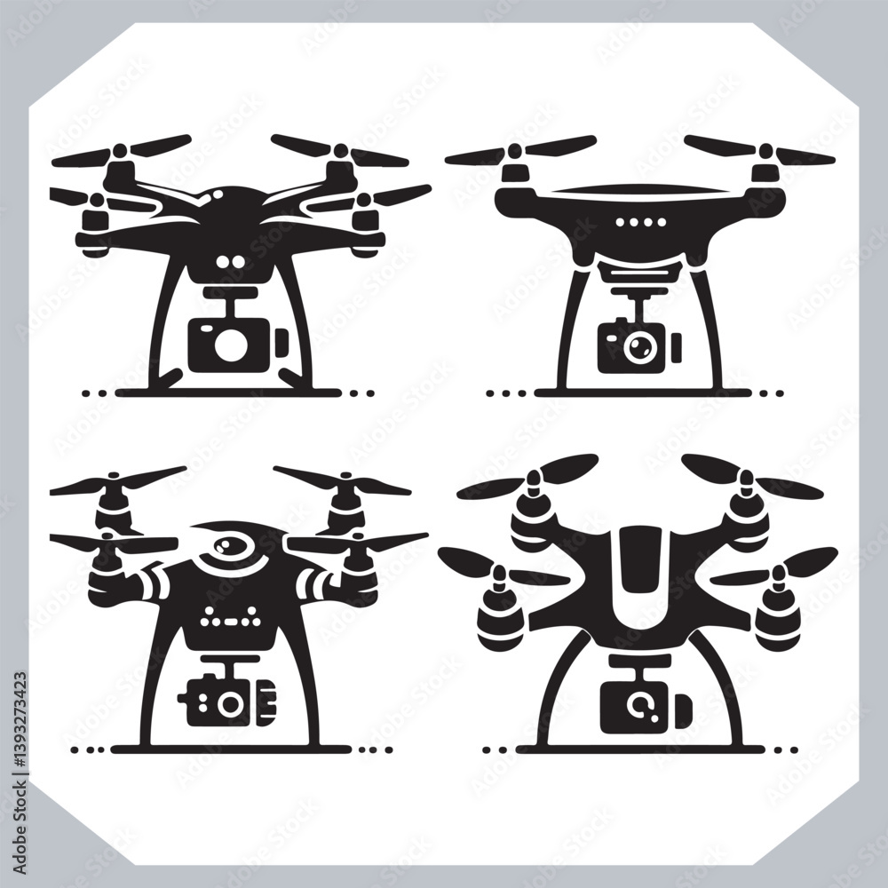 Collection of Drone Silhouettes and Icons in Modern Line Art Style