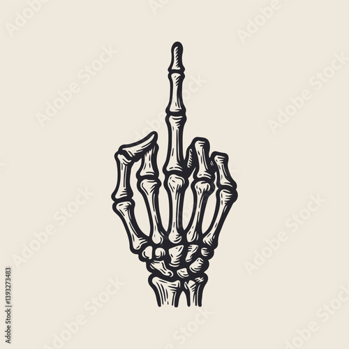 Hand skeleton middle finger sign gesture vintage illustration