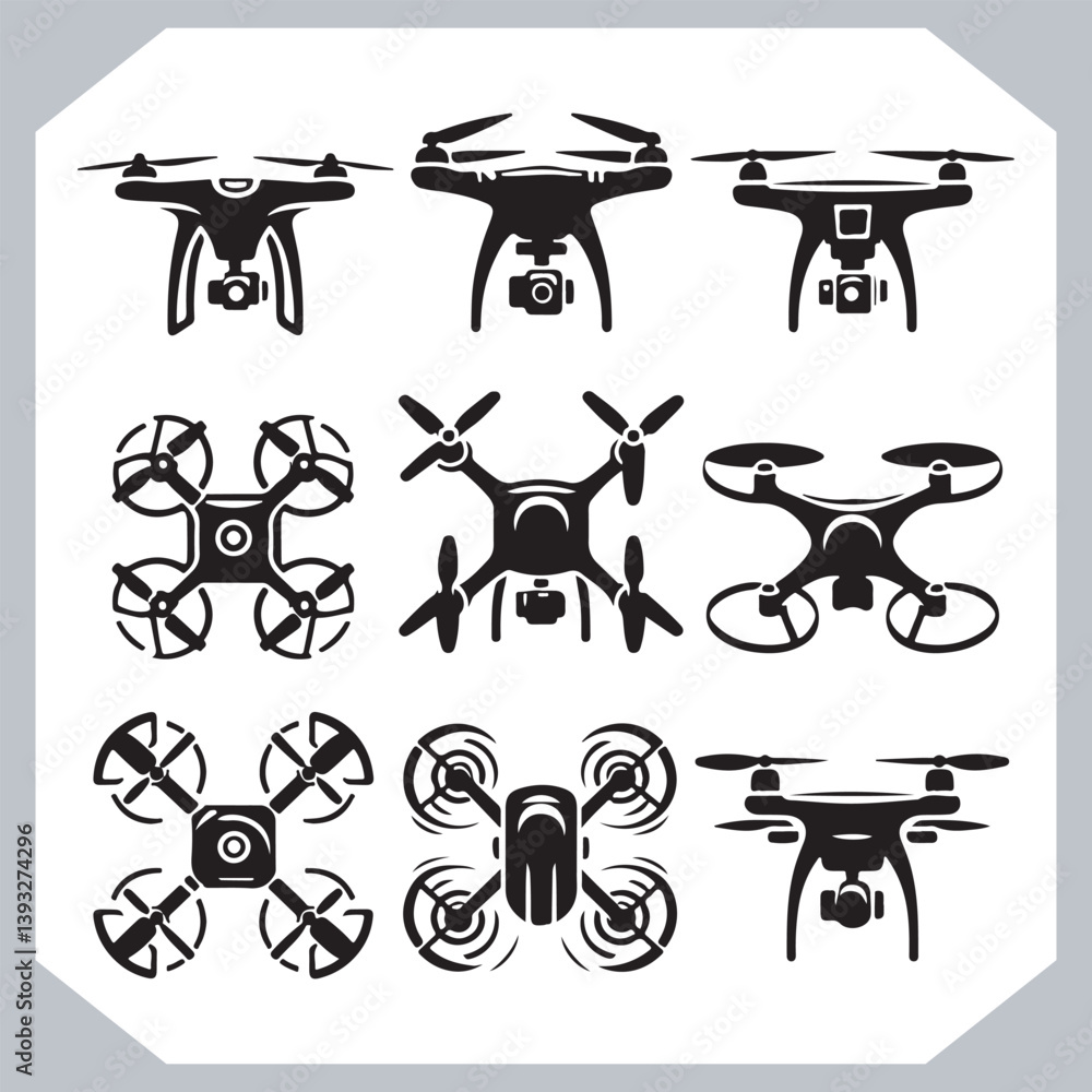 Collection of Drone Silhouettes and Icons in Modern Line Art Style