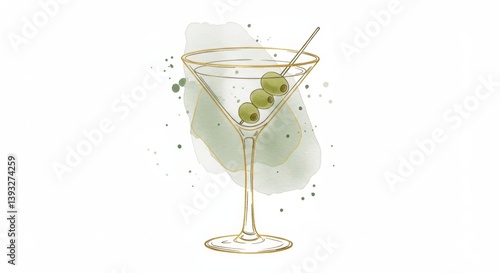 Abstract Gold Wire Martini Glass with Floating Green Spheres