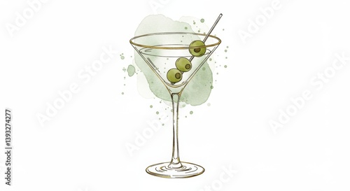 Abstract Gold Wire Martini Glass with Green Spheres