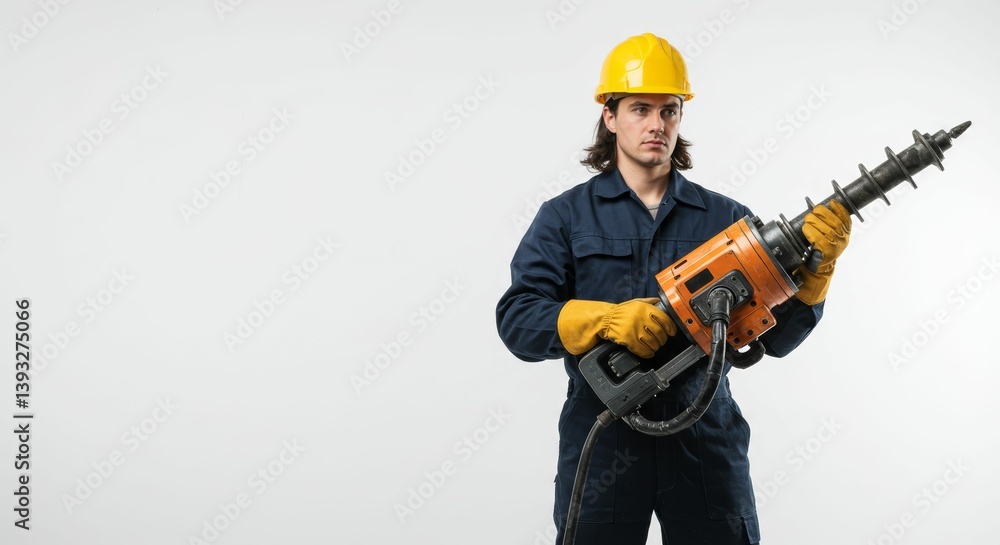 Focused construction worker holding powerful drill against a clean white backdrop Focused construction worker holding powerful drill against a clean white backdrop