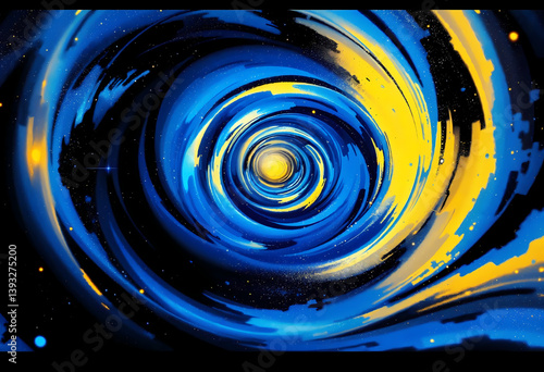 Artistic blue and yellow space spiral with stardust and glowing center illustration.