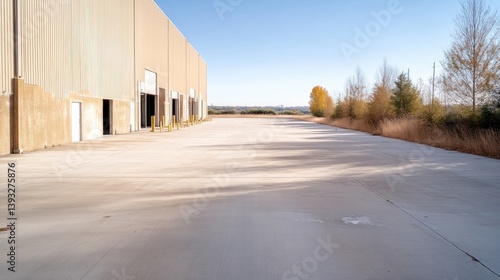 Fototapeta Naklejka Na Ścianę i Meble -  Empty industrial warehouse parking lot under a clear sky