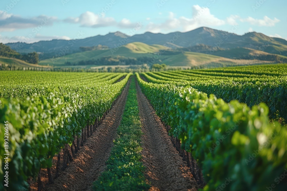 Fototapeta premium Lush vineyard rows stretch towards distant mountains under a vibrant sky