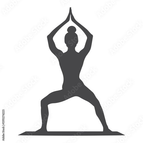 A simple, bold silhouette of a woman in a yoga warrior pose.