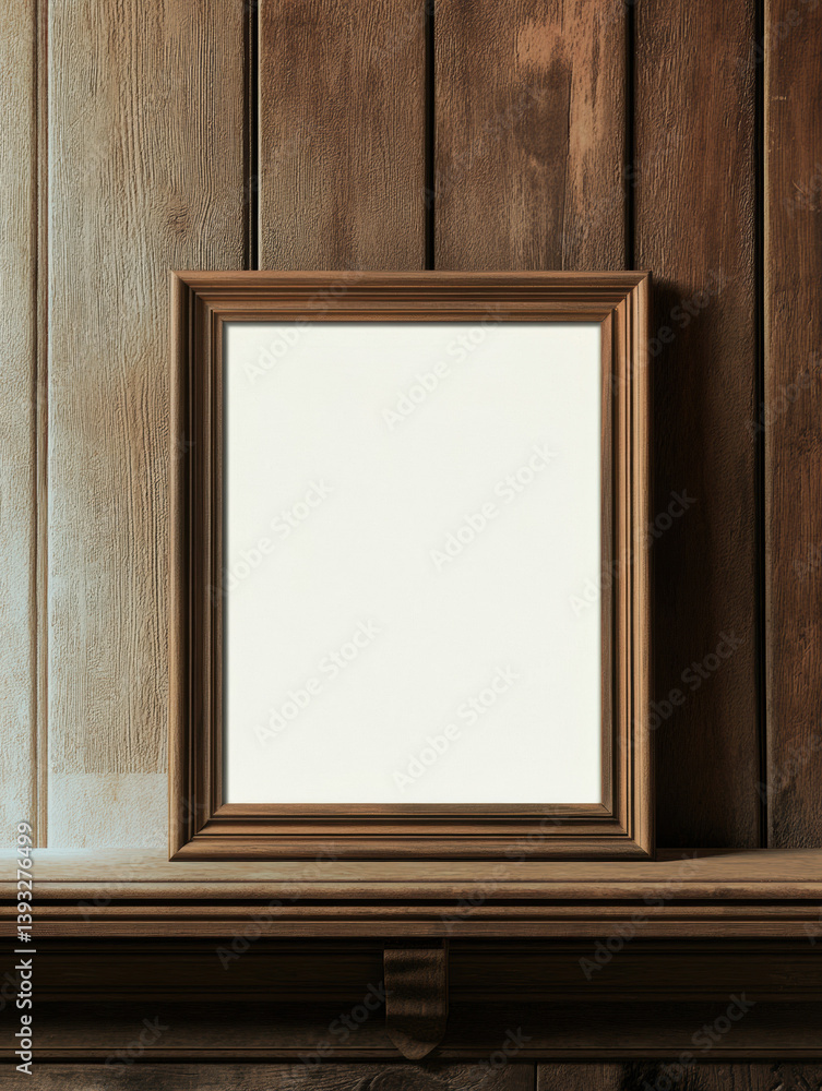 Empty wooden picture frame on wooden shelf against rustic wood paneled wall background
Empty wooden picture frame on wooden shelf against rustic wood paneled wall background