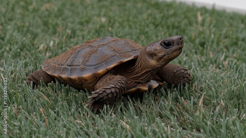 Obraz premium Close-up on turtles head emerging from shell while crawling across soft grass