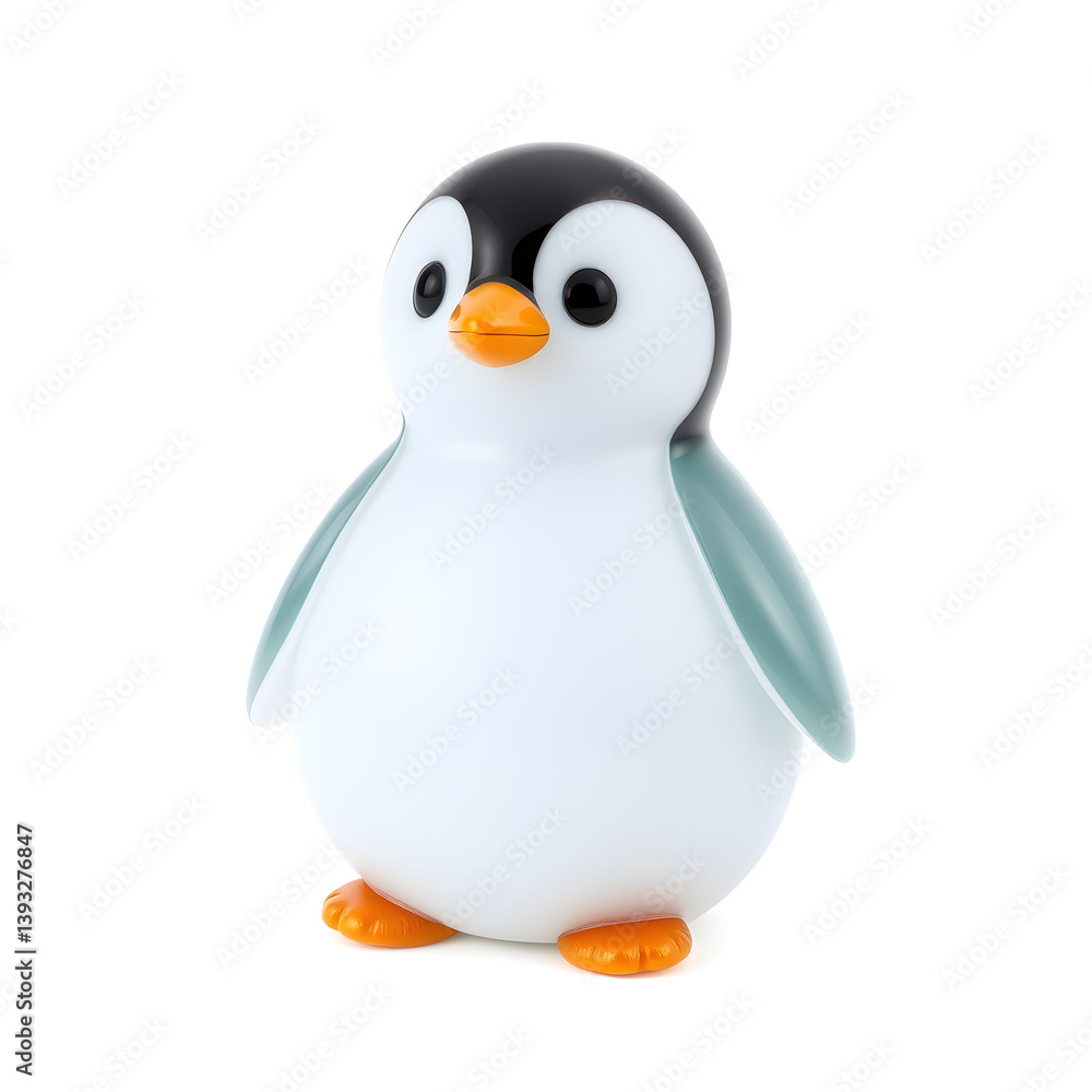 Obraz premium Penguin Chick – A 3D fluffy glass penguin chick figurine, small round body, frosted glass for a soft effect, polished and glossy, white background, icon-style illustration. Generative AI