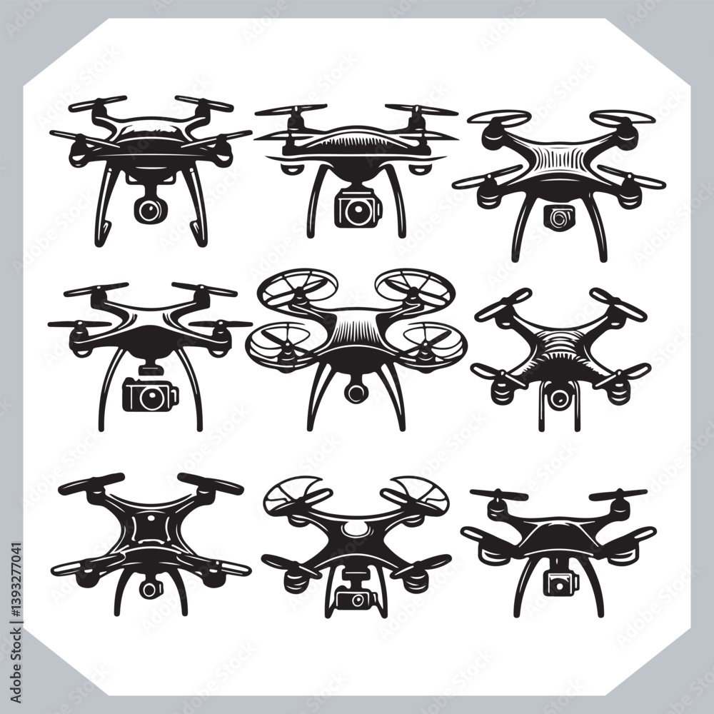 Drone Silhouettes in Various Shapes and Designs with Elegant Line Art Style