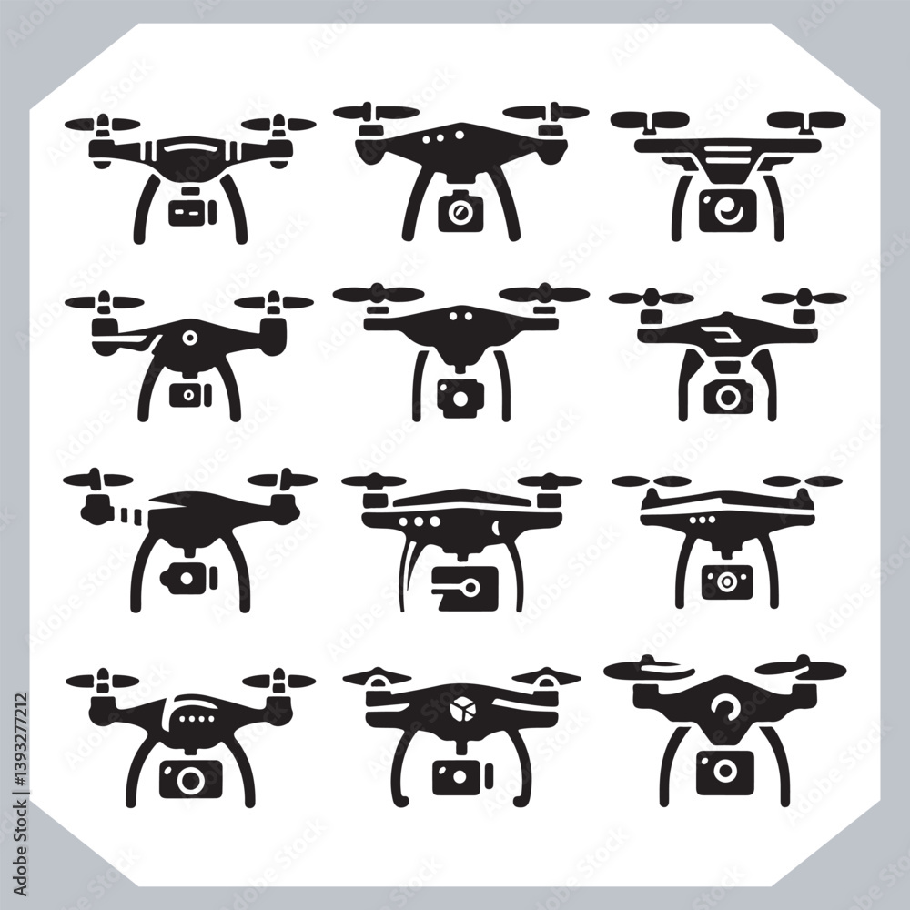 Collection of Drone Silhouettes and Icons in Modern Line Art Style