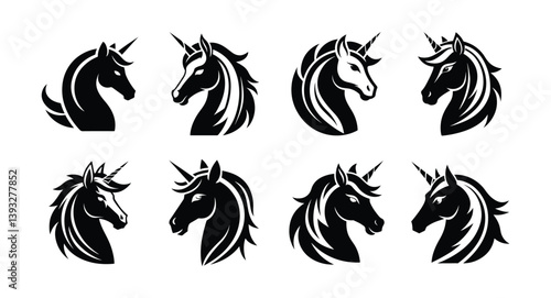 Unicorn Head Silhouette Vector Set | Fantasy Horse Logo Icons

