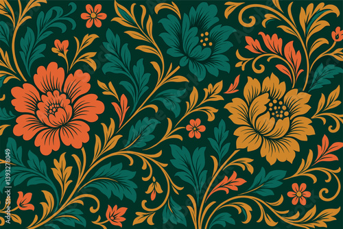Green and yellow floral pattern with orange flowers