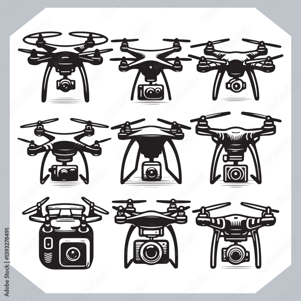 Drone Silhouettes in Various Shapes and Designs with Elegant Line Art Style