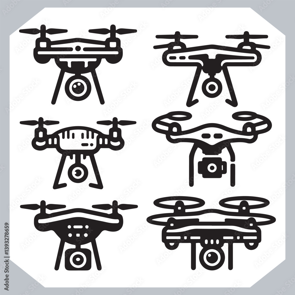 Drone Silhouettes in Various Shapes and Designs with Elegant Line Art Style