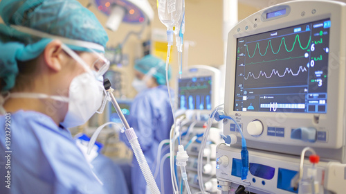 An anesthesiologist preparing a patient for surgery in the pre-op area. stock image, hd quality, natural look, blog post, health care