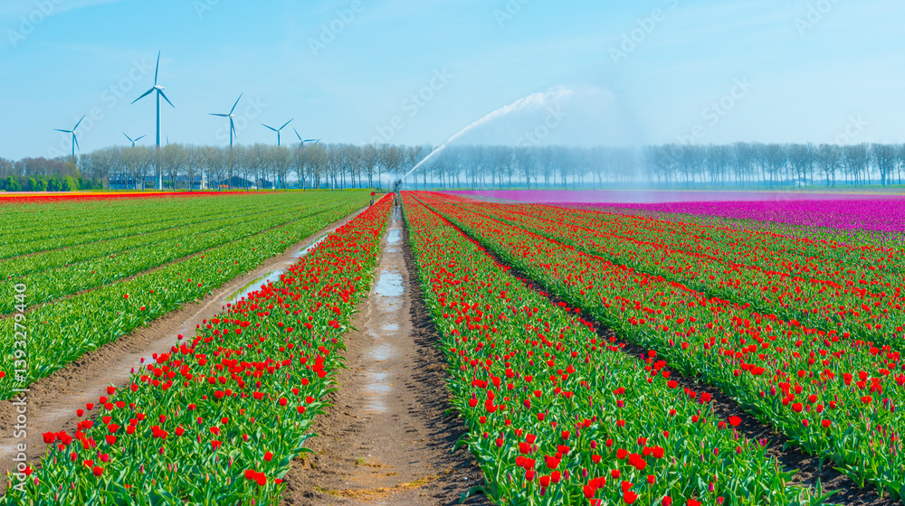 Colorful flowers growing in an agricultural field, Almere, Flevoland, The Netherlands, April 8, 2025