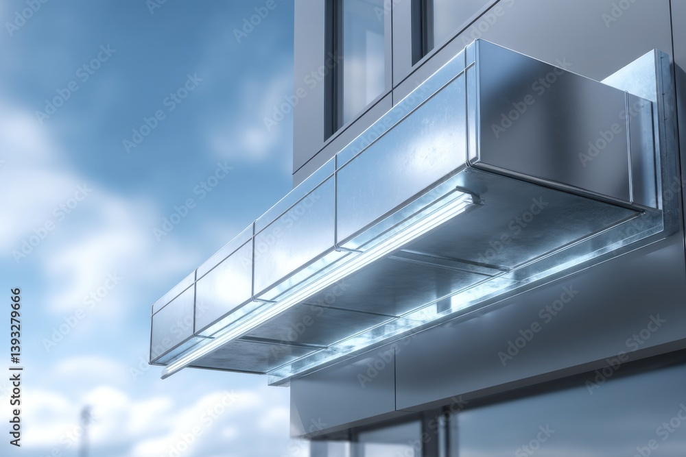 Fototapeta premium A modern architectural detail showcasing a sleek metal canopy illuminated with bright linear lights, contrasting with a vibrant blue sky backdrop, showcasing contemporary design.