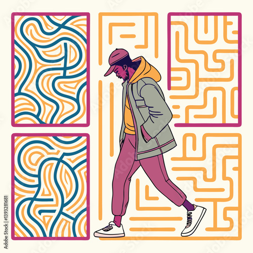 Silhouette of a woman and a man navigate a labyrinth illustration