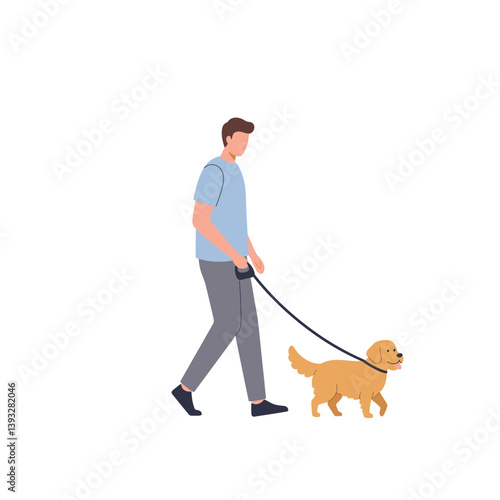 Flat vector illustration of a man walking his Golden Retriever dog on a leash, isolated on white background scene