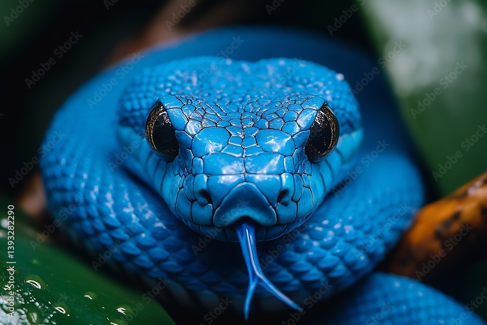 Fototapeta premium Stunning Blue Viper Portrait CloseUp Captivating Reptile Photography Amazing Detail Vibrant Color Scales Exotic Poisonous : Generative AI