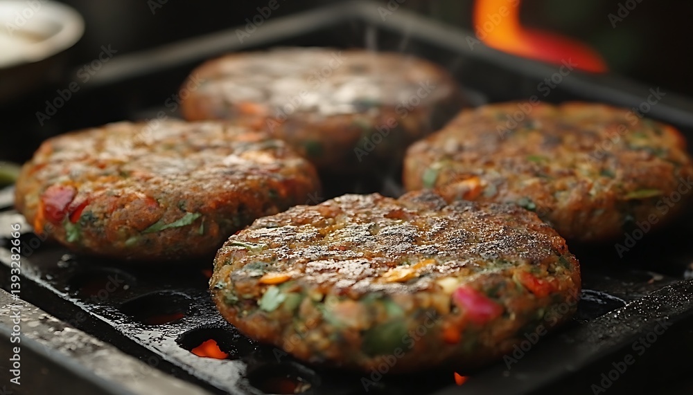Four vegetarian patties sizzling on a hot metal grill Four vegetarian patties sizzling on a hot metal grill