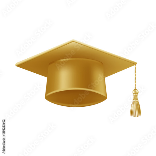 Realistic gold graduate cap. 3D Graduation Doctoral hat.
