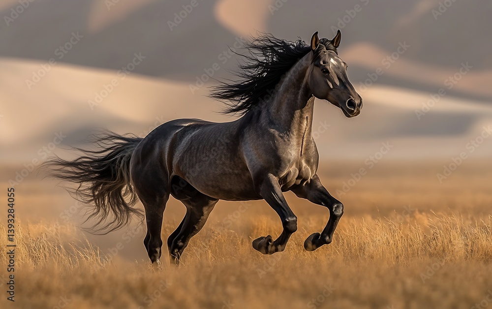 Elegant Black Horse Galloping Freely in a Grassy Field Serene Nature and Wildlife Beauty : Generative AI Elegant Black Horse Galloping Freely in a Grassy Field Serene Nature and Wildlife Beauty : Generative AI