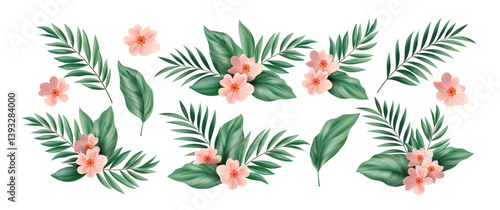Vector Illustration of Tropical Leaves and Flowers Arrangement, Perfect for Decorative Backgrounds and Natural Themed Artwork