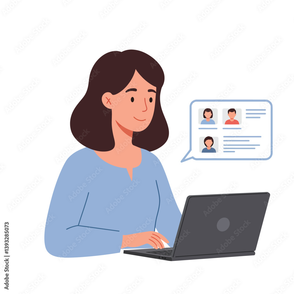 Woman using laptop to communicate in flat and minimal vector art Woman using laptop to communicate in flat and minimal vector art
