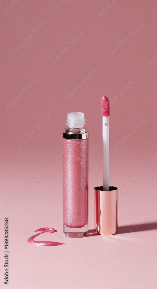 Pink lip gloss in a shiny tube on a soft pink background Pink lip gloss in a shiny tube on a soft pink background
